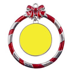 A Yellow Background With A Black Border Metal Red Ribbon Round Ornament by catchydesignhill