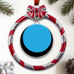 A Blue Background With A Black And White Cat On Top Of It Metal Red Ribbon Round Ornament by catchydesignhill