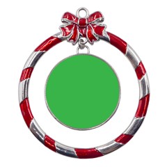 A Green Background With A White Border Metal Red Ribbon Round Ornament by catchydesignhill