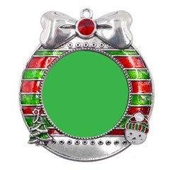 A Green Background With A White Border Metal X mas Ribbon With Red Crystal Round Ornament by catchydesignhill