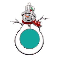 A Green Background With A White Border Metal Snowman Ornament by catchydesignhill