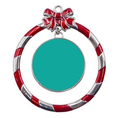 A Green Background With A White Border Metal Red Ribbon Round Ornament by catchydesignhill