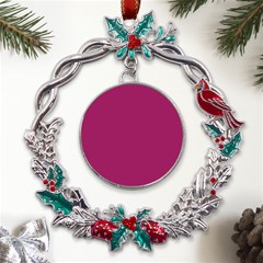 A Pink Background With A White Border Metal X mas Wreath Holly Leaf Ornament by catchydesignhill