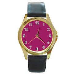 A Pink Background With A White Border Round Gold Metal Watch by catchydesignhill