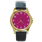 A Pink Background With A White Border Round Gold Metal Watch Front