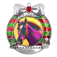 Vibrant Abstract Equine Art Metal X mas Ribbon With Red Crystal Round Ornament