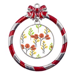 Tree Auntumn Leaf Metal Red Ribbon Round Ornament by anzea