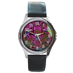 Pink And Purple Leopard Round Metal Watch by ExtraGoodSauce