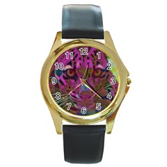 Pink And Purple Leopard Round Gold Metal Watch by ExtraGoodSauce