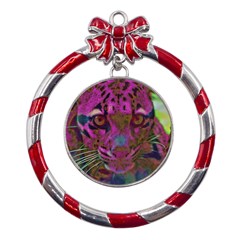 Pink And Purple Leopard Metal Red Ribbon Round Ornament