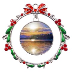 Serene Sunset Over Water Metal X mas Wreath Ribbon Ornament by ExtraGoodSauce