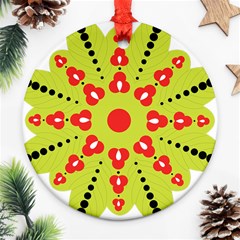 A Green And Red Flower With Black Dots Ornament (round) by catchydesignhill