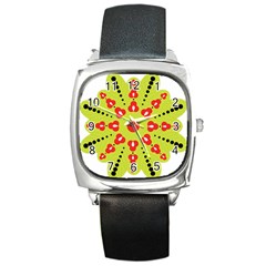 A Green And Red Flower With Black Dots Square Metal Watch by catchydesignhill