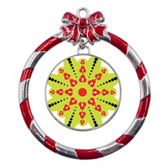 A Green And Red Flower With Black Dots Metal Red Ribbon Round Ornament