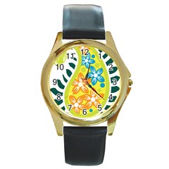 A Yellow And Green Paisley With Leaves And Flowers Round Gold Metal Watch by catchydesignhill