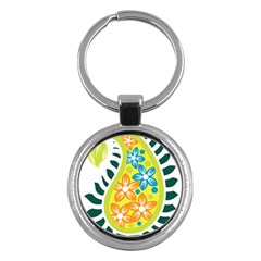 A Yellow And Green Paisley With Leaves And Flowers Key Chain (round) by catchydesignhill