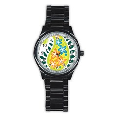 A Yellow And Green Paisley With Leaves And Flowers Stainless Steel Round Watch by catchydesignhill