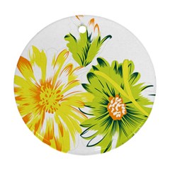 Two Yellow And Green Flowers On A White Background Round Ornament (two Sides)