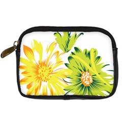 Two Yellow And Green Flowers On A White Background Digital Camera Leather Case by catchydesignhill