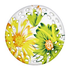 Two Yellow And Green Flowers On A White Background Round Filigree Ornament (two Sides)