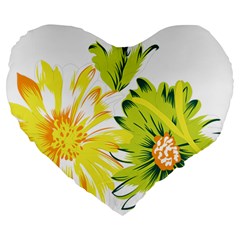 Two Yellow And Green Flowers On A White Background Large 19  Premium Heart Shape Cushions by catchydesignhill