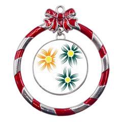 Three Flowers With Green And Orange Petals Metal Red Ribbon Round Ornament by catchydesignhill