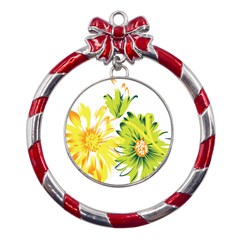 Two Yellow And Green Flowers On A White Background Metal Red Ribbon Round Ornament by catchydesignhill