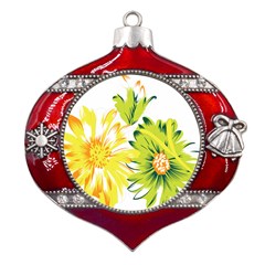 Two Yellow And Green Flowers On A White Background Metal Snowflake And Bell Red Ornament by catchydesignhill