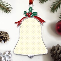 A Yellow And White Background With Small Circles Metal Holly Leaf Bell Ornament