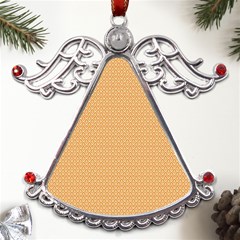 An Orange And White Background With Small Squares Metal Angel With Crystal Ornament