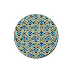 A Blue And Green Pattern On A Green Background Rubber Round Coaster (4 Pack)