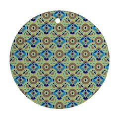 A Blue And Green Pattern On A Green Background Round Ornament (two Sides)