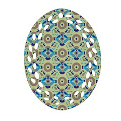 A Blue And Green Pattern On A Green Background Ornament (oval Filigree)