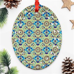 A Blue And Green Pattern On A Green Background Oval Filigree Ornament (two Sides)