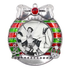 Betty Page Bdsm Metal X mas Ribbon With Red Crystal Round Ornament by CherleyTemples