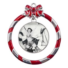 Betty Page Bdsm Metal Red Ribbon Round Ornament by CherleyTemples