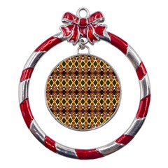 Colorful Geometric Pattern Design Metal Red Ribbon Round Ornament by ExtraGoodSauce