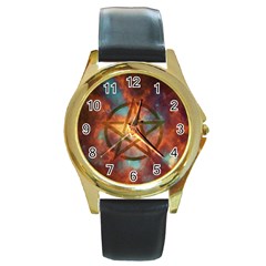 Enchanted Nebula Pentagram Art Round Gold Metal Watch by ExtraGoodSauce