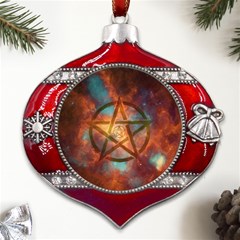 Enchanted Nebula Pentagram Art Metal Snowflake And Bell Red Ornament