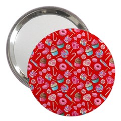 Crimson Red Yummy Lollipop Candy Cupcake Donut Seamless 3  Handbag Mirror  by CoolDesigns