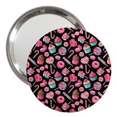 Black Yummy Lollipop Candy Cupcake Donut Seamless 3  Handbag Mirror  by CoolDesigns