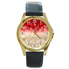 Abstract, Christmas, Glittery, Gold, Red Round Gold Metal Watch by kyorashop23