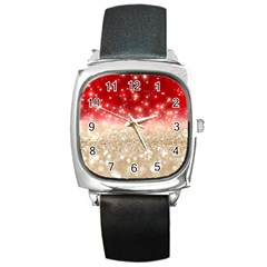 Abstract, Christmas, Glittery, Gold, Red Square Metal Watch by kyorashop23