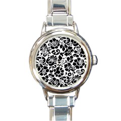 Black Floral Background, Vintage Floral Pattern Round Italian Charm Watch by kyorashop23