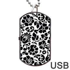 Black Floral Background, Vintage Floral Pattern Dog Tag Usb Flash (one Side) by kyorashop23