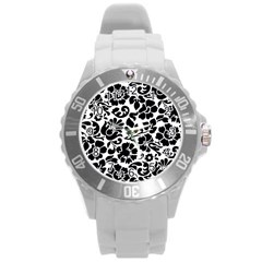 Black Floral Background, Vintage Floral Pattern Round Plastic Sport Watch (l) by kyorashop23