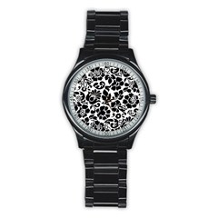 Black Floral Background, Vintage Floral Pattern Stainless Steel Round Watch by kyorashop23