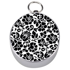 Black Floral Background, Vintage Floral Pattern Silver Compasses by kyorashop23