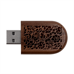 Black Floral Background, Vintage Floral Pattern Wood Oval Usb Flash Drive by kyorashop23