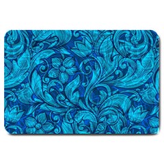 Blue Floral Pattern Texture, Floral Ornaments Texture, Blue Floral Background Large Doormat by kyorashop23